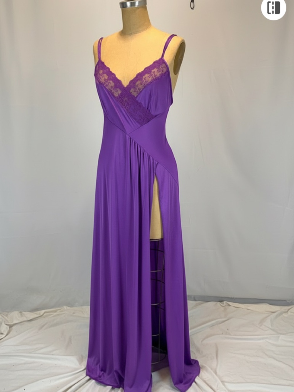 VINTAGE violet purple nylon silky nightgown slip dress maxi side slit lace sexy - Picture 3 of 13